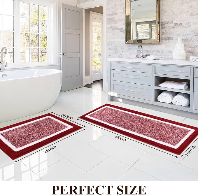 Pauwer Bathroom Rugs Sets 2 Piece, Non Slip Washable Bath Mat, Red | Soft Plush Microfiber, Super Absorbent Floor Carpet, Quick Dry, Shaggy Shower Rug Runner