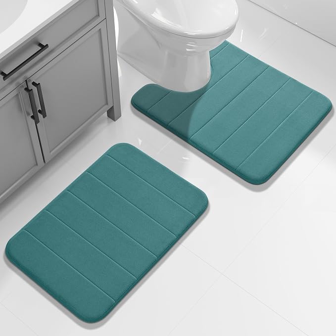 Yimobra U-Shaped Toilet Bath Mat Set 2 Piece - Super Soft Absorbent Quick Dry Memory Foam Bathroom Rugs, Machine Washable Non Slip Floor Carpet for Tub Shower & Single Sink (17x24 & 24x20, Teal)