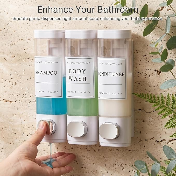 Shampoo and Conditioner Dispenser, Shower Soap Dispenser Wall Mounted, Shampoo Dispenser for Shower Wall No Drill, Bathroom Body Wash Dispenser 3 * 350ml White 3 Chamber