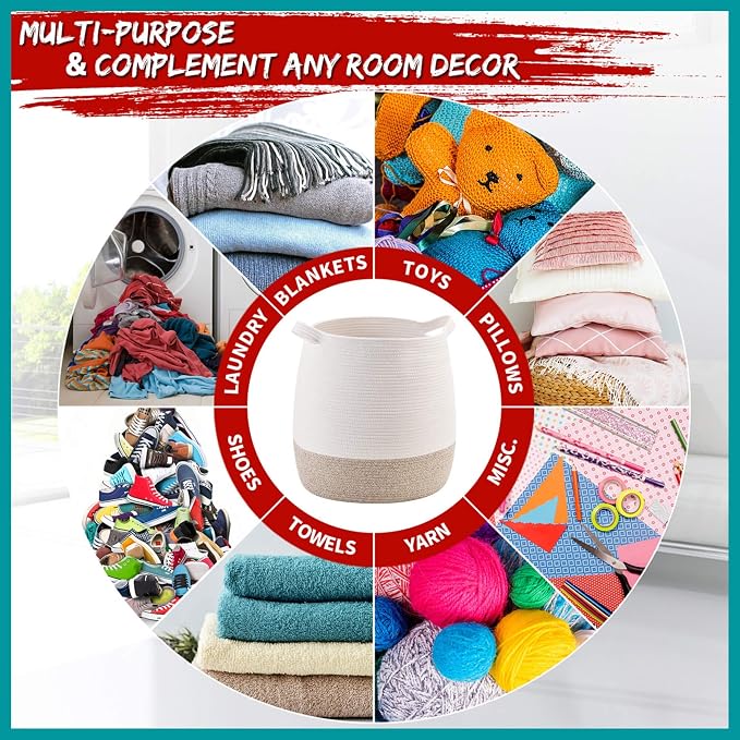MINTWOOD Design Large 17 x 17 Inches Decorative Woven Cotton Rope Blanket Basket for Living Room, Laundry Basket Hamper, Storage Baskets with Handles for Toys, Throws, Pillows, Towels, Shoes, Brown