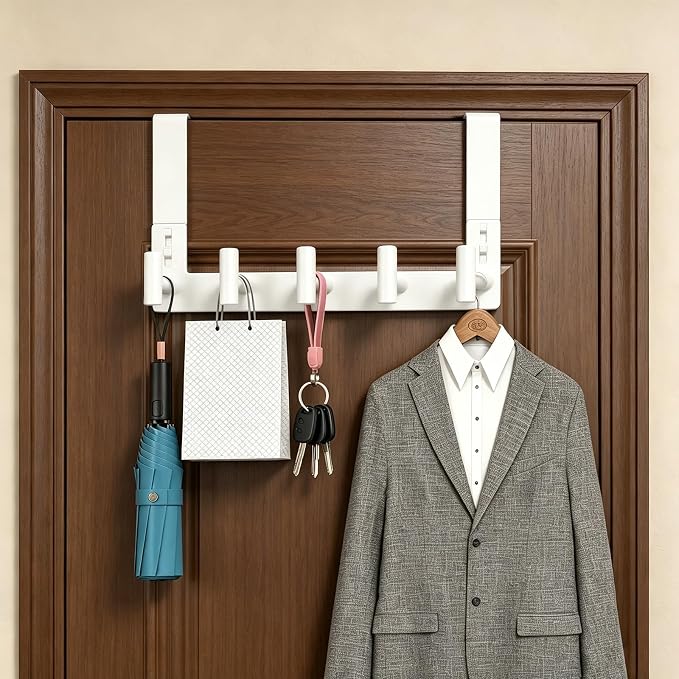 PMMASTO Over The Door Hooks, Fits 1-3/4" Thick Door No Drill Hooks for Closet Bathroom Bedroom Organization, Hanger for Coat Towel Robe (White, 5 T-Hooks)