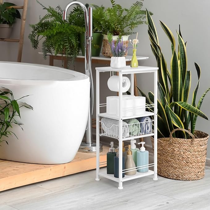 OYEAL Bathroom Storage Cabinet Freestanding Bath Shelf with Drawer Toilet Paper Storage Stand 3 Tier Towel Storage Organizer for Laundry Room Entryway Kitchen Pantry, White