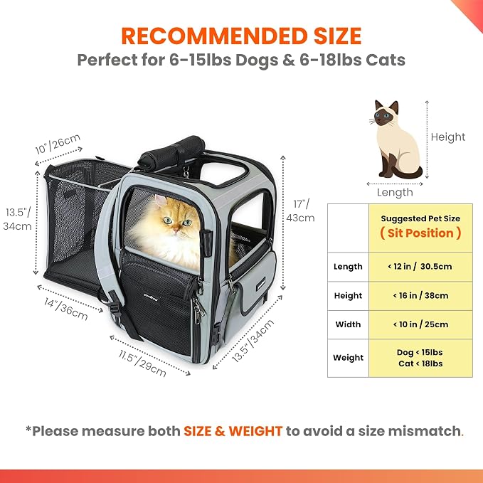 Crash-Tested Multi-Window & Expandable Cat Backpack Carrier | 2-in-1 Crash-Tested Portable Small Dog Car Seat & Pet Backpack Carrier | CPS Certified for Crash Protection & Safe Pet Travel