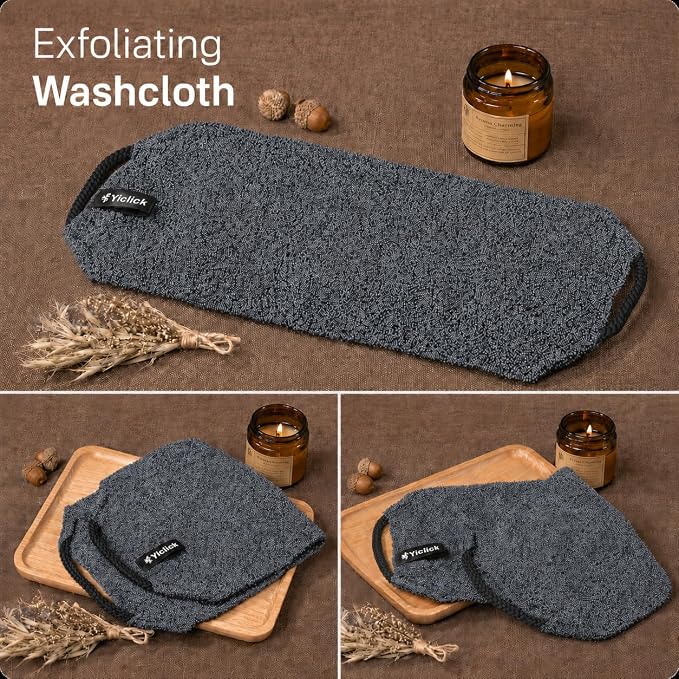 Exfoliating Washcloth Towel with Handle, Back Scrubber for Shower, Exfoliating Body Scrubber Exfoliator, Japanese Wash Cloth for Body Scrub, Bath Sponge Loofah Luffa Washer Exfoliator