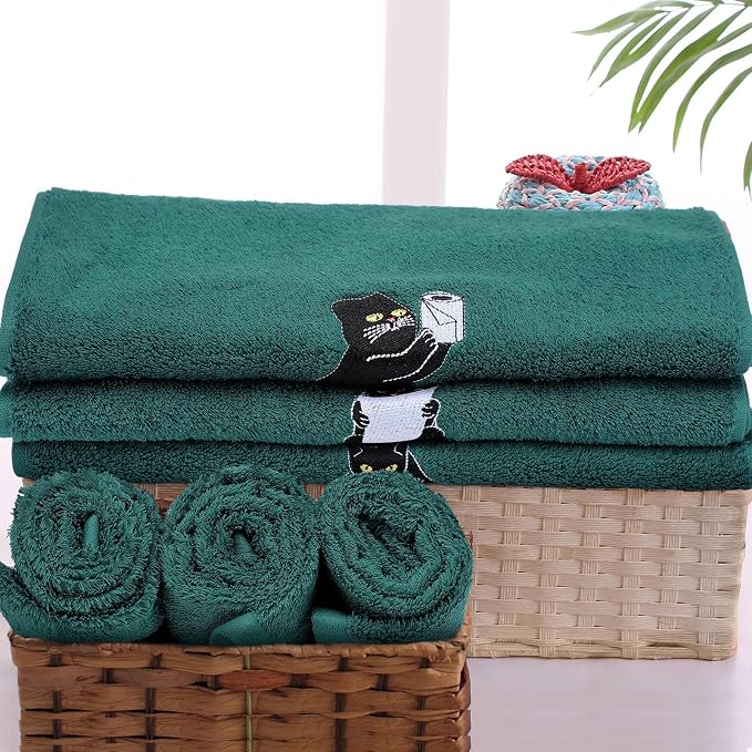 3 Pcs Cat Hand Towels for Bathroom Decor | Embroidered Black Cat Design, 100% Cotton, Halloween Bathroom Kitchen Decor, Absorbent Towels, Holiday Housewarming Gifts