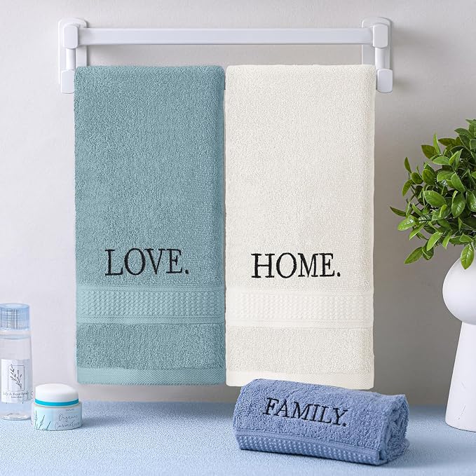 3 Pcs Hand Towels Bathroom Set,Teal,Home Love Family | Embroidered Cotton Farmhouse Towels, Kitchen Decor, Rustic Boho Decorative with Text Labels, Guest Bath Home