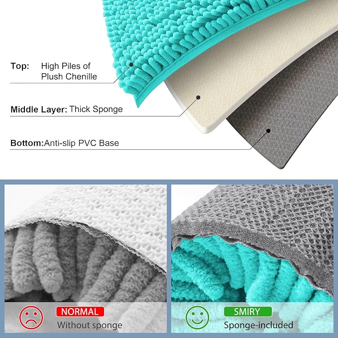 Smiry Chenille Bathroom Rugs Sets 2 Piece (34x21+30x20, Turquoise) | Soft Absorbent Machine Washable Non Slip Shaggy Bath Rug Set for Tub, Shower, and Floor, Home Decor