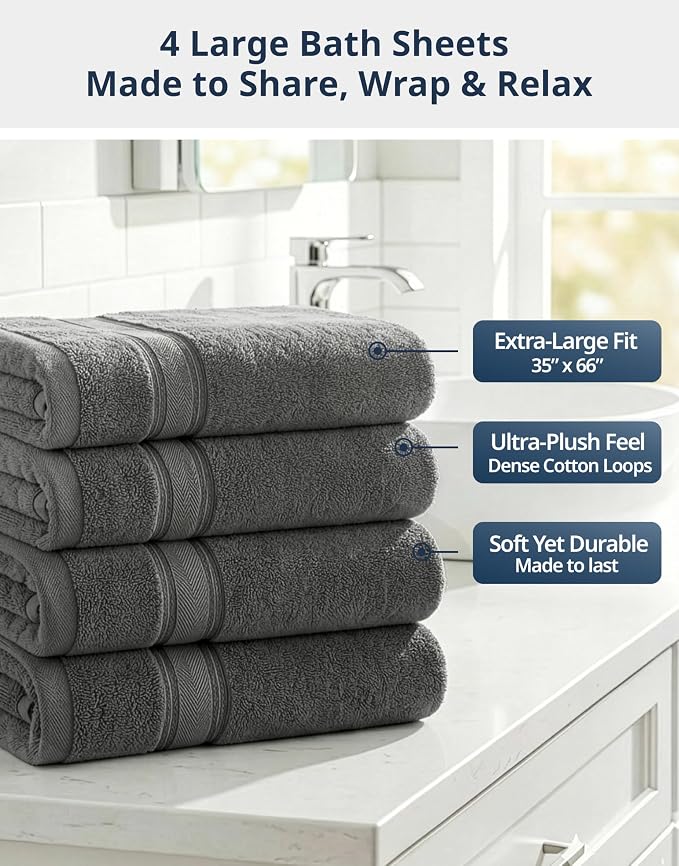 LANE LINEN Bath Sheet Set 4 Pack Oversized Soft Absorbent Quick Dry - Grey | Cotton Bath Sheets - Oversized & Roomy, Lightweight & Breathable, Fade-Resistant Color, Classic Terry Weave, Densely Woven