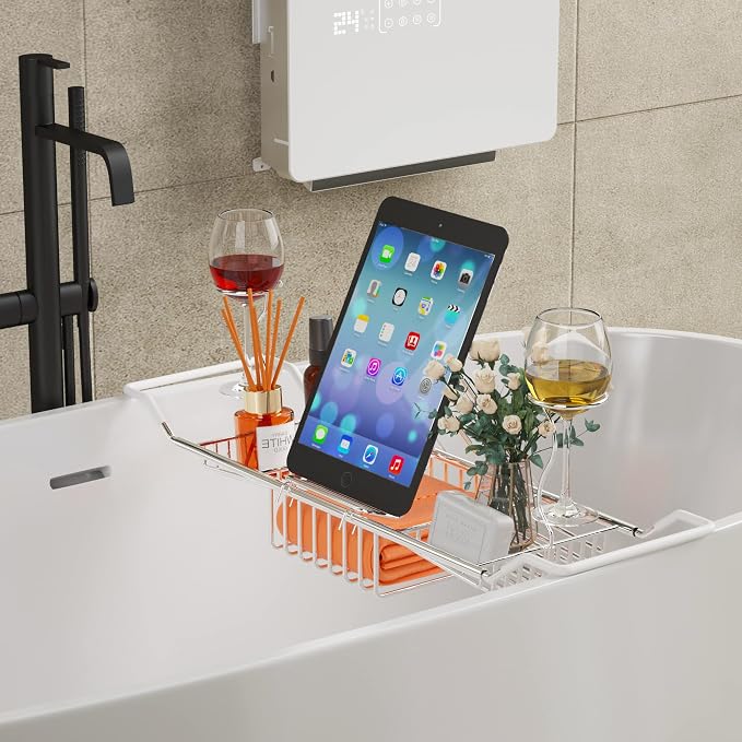 iPEGTOP Stainless Steel Bathtub Caddy Tray - Over Bath Tub Racks Shower Organizer with Extending Sides, Removable Wine Glass Book Holder