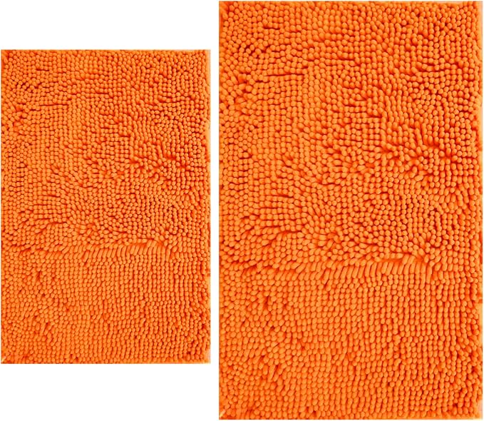 BOANKODU Bathroom Rugs Sets 2 Piece, Extra Soft Chenille Bath Mat Ultra Absorbent Bathroom Rug, Bathroom Mat with Non-Slip Bottom, Machine Washable Bath Rugs (20x32 Inch + 16x24 Inch, Orange)