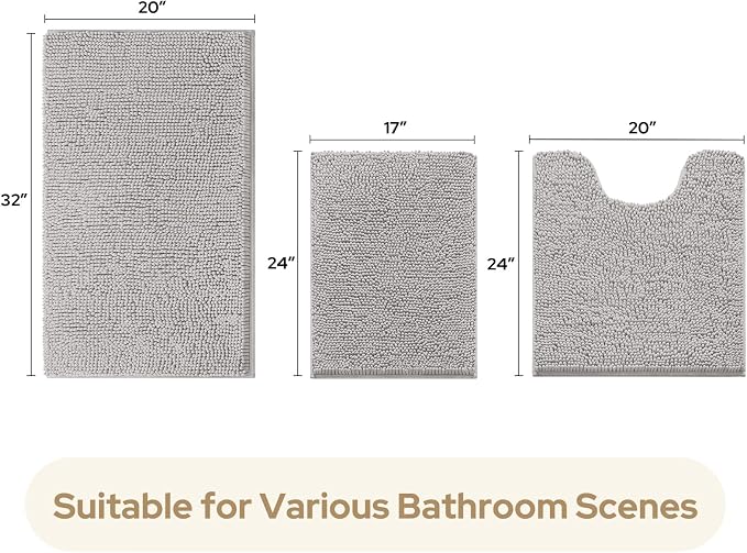 HOMEIDEAS Light Grey Chenille Bathroom Rugs Set of 3, Non Slip Bath Mat | Super Absorbent, Soft Microfiber, Machine Washable, Stain Resistant, for Bathroom Decor