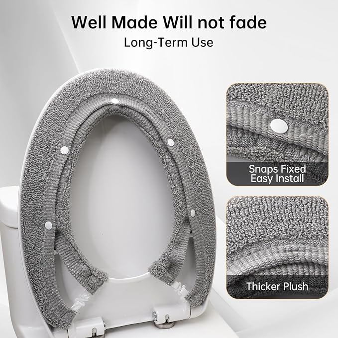 Toilet Seat Cover with Snaps Fixed,Thick Warmer,Machine Washable(grey) | soft thicker warm,easy to install,stretchable,non slip pad,stay in place,universal size,fit most toilet,reusable portable