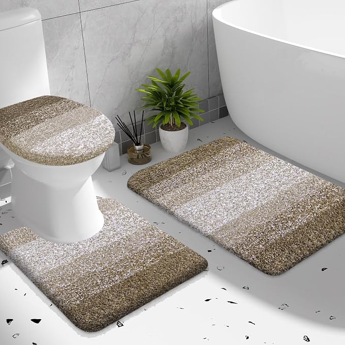 OLANLY Bathroom Rugs Sets 3 piece, Soft Microfiber Absorbent Bath Mat, U-Shaped Contour Toilet Mat and Toilet Lid Cover, Quick Dry, Machine Washable, Toilet Cover and Rug Set for Bathroom, Coffee