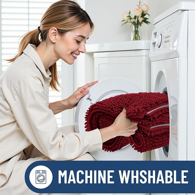 Smiry Chenille Bathroom Rugs Sets 2 Piece (30x20+24x16, Red) | Soft Absorbent Machine Washable Non Slip Shaggy Bath Rug Set for Tub, Shower, and Floor, Home Decor