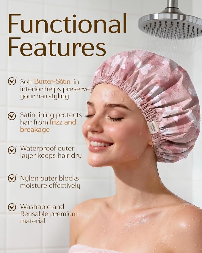 Yanibest Satin Lined Shower Cap, Shower Caps for Women Reusable Waterproof | Frizz Free & Large Durable Bath Cap with Soft Elastic Band, Luxury Hair Protection Caps, Nylon Shower Hair Cap