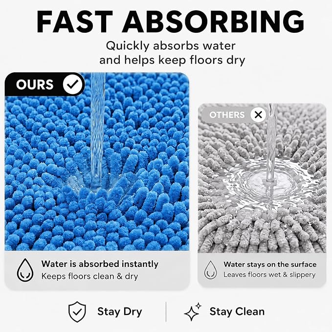 Bathroom Rugs Sets 2 Piece,Super Absorbent Soft,Thick,Machine Washable Chenille Bath Mat,Non Slip Toilet Floor Rug,Bath Mats for Bathroom,20x32 Plus 20x20 U Shape,Calm Blue