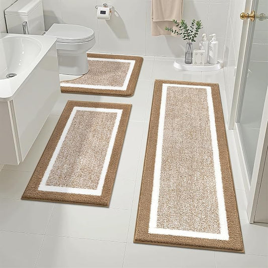 Pauwer Bathroom Rugs 3 Piece Set, Non Slip Washable Bath Mat, Khaki | Soft Plush Microfiber, Super Absorbent Floor Carpet, U Shaped Toilet Mats, Quick Dry, Shaggy Shower Rugs Runners