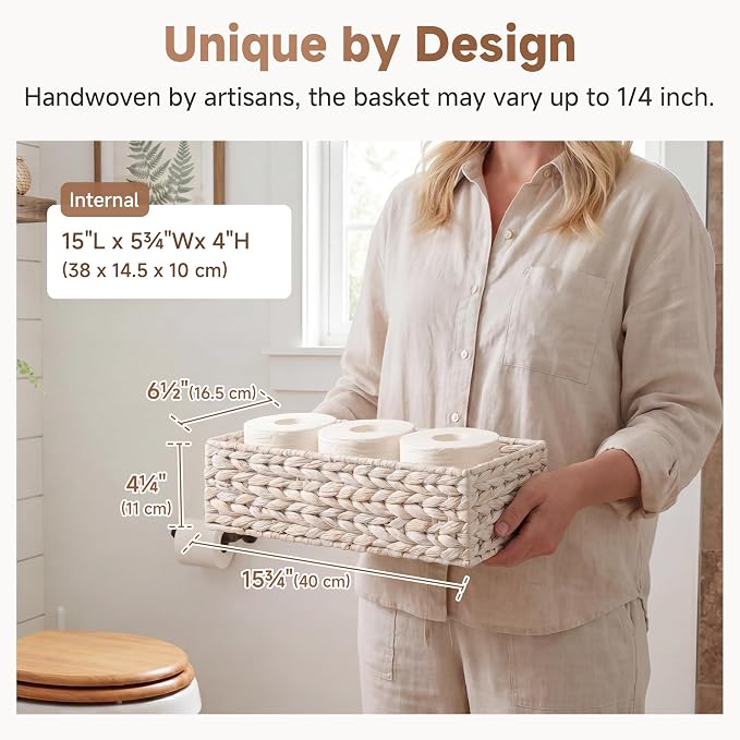 StorageWorks Small Wicker Baskets for Bathroom Decor, Decorative Toilet Paper Basket for Back of Toilet Basket Tank Topper, Water Hyacinth Bathroom Basket Organizer for Storage, 2 Pack, White