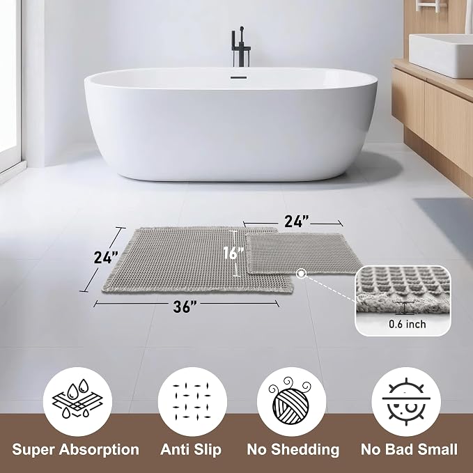 JIUZHEN Set of 2 Waffle Bathroom Rugs Boho Bath Mats 16"x24"+24"x36", Grey | Non Slip, Super Absorbent, Washable, Ultra Soft, Fast Drying Waffle Bathroom Rugs for Bathroom Floor, Tub, Shower