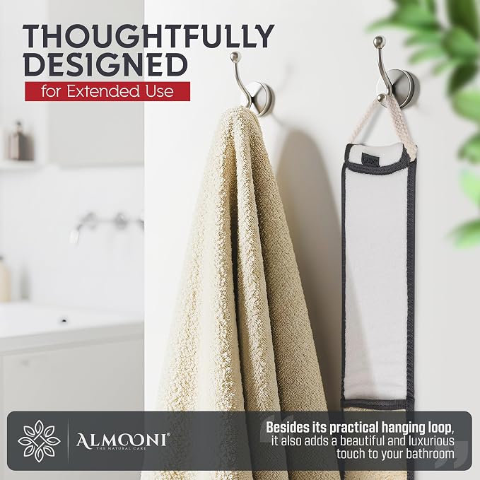 ALMOONI Men's Back Scrubber for Shower, Loofah Sponge, Gray, 1 Count | Natural Egyptian Loofah Sponge, Long Back Scrubber, Cotton Handles, Men's Shower Scrubber, Gentle Exfoliation
