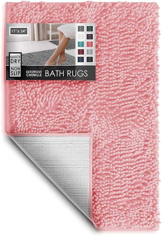Hearth & Harbor Bathroom Rugs, Chenille Bath Mat - Machine Washable Bath Mats for Bathroom Non-Slip Backing Rubber, Quick Dry Bathroom Mat, 17 x 24 - Pink