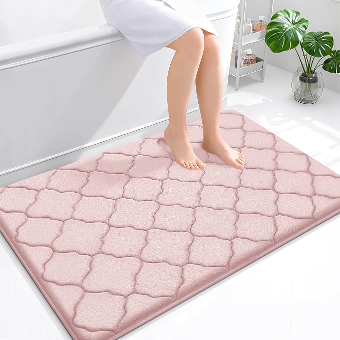OLANLY Memory Foam Bath Mat Rug 47x32, Ultra Soft Bathroom Rugs, Pink | Thick Absorbent Carpet, Non-Slip Backing, Machine Washable, for Bathroom Floor, Tub, Shower and Home Decor Accessories