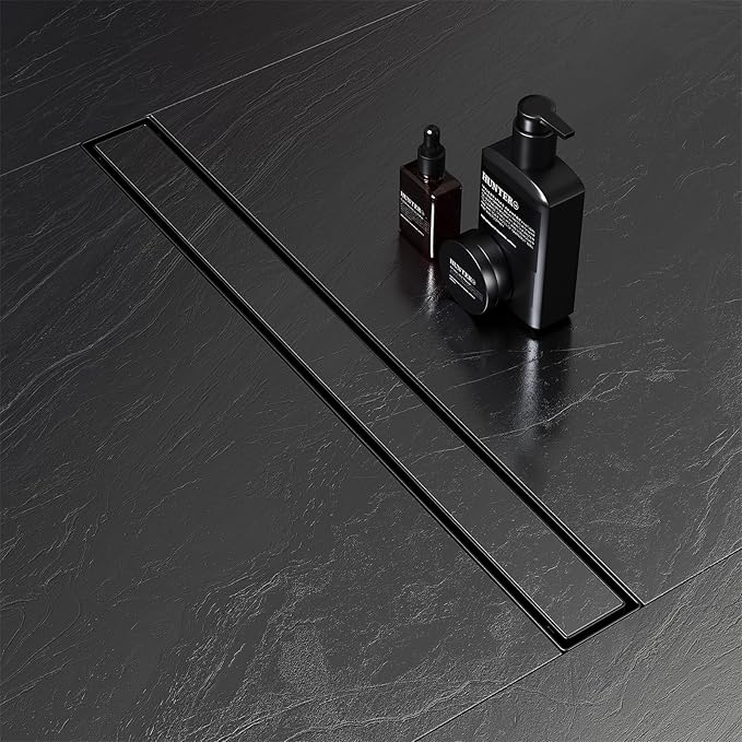EXF Linear Shower Drain 12 Inch Matte Black with Reversible Flat & Tile Insert Cover, Stainless Steel Rectangle Shower Floor Drain with Hair Catcher, Adjustable Feet