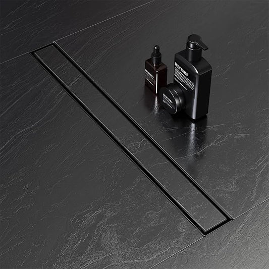 EXF Linear Shower Drain 26 Inch Matte Black with Reversible Flat & Tile Insert Cover, Stainless Steel Rectangle Shower Floor Drain with Hair Catcher, Adjustable Feet