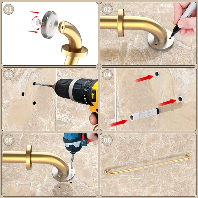 47 Inch Brushed Gold Shower Grab Bar w/Anti-Slip Knurled Grip,YuanDe Stainless Steel Bathroom Grab Bars,Handicap Injury Elderly Senior Assist Support Shower Handle