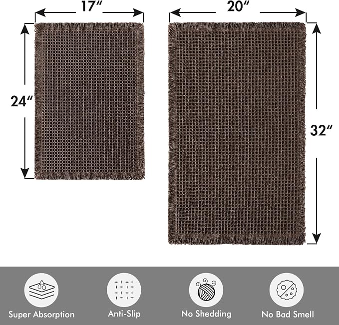 MIULEE Set of 2 Waffle Bathroom Rugs Chocolate Bath Mat 17"x24"+20"x32" | Non Slip, Super Absorbent, Washable, Ultra Soft, Rubber Backed Bath Rugs for Bathroom Floor Tub Shower, Boho Decor