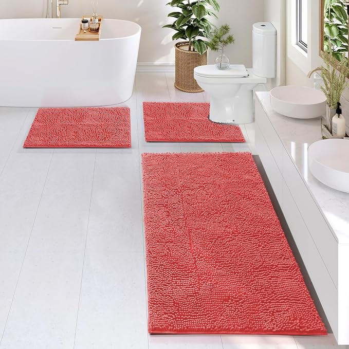Hearth & Harbor Bathroom Rugs, Chenille Bath Mat - Machine Washable Bath Mats for Bathroom Non-Slip Backing Rubber, Quick Dry Mat - Rose Bath Rug, 17x24-26x44-20x24