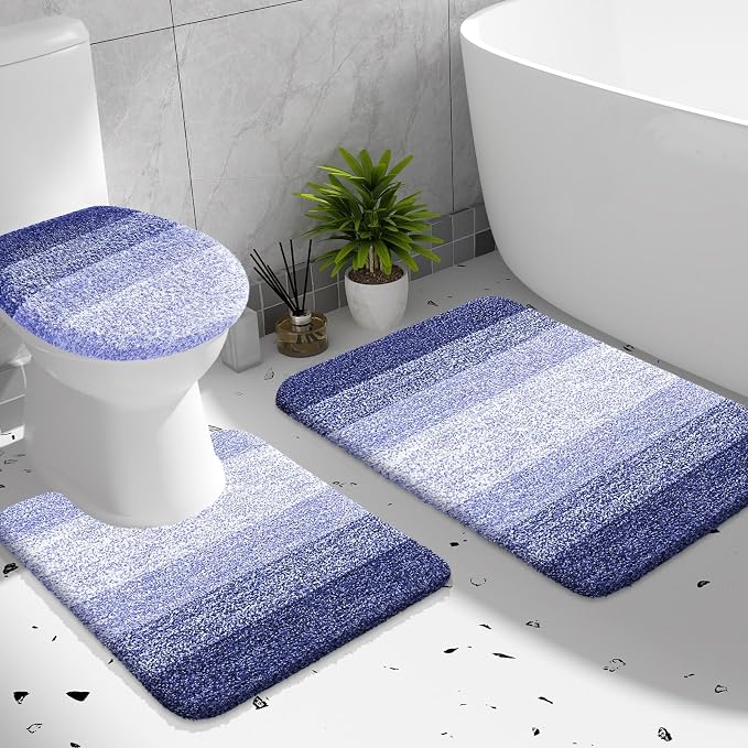 OLANLY Bathroom Rugs Sets 3 piece, Soft Microfiber Absorbent Bath Mat, U-Shaped Contour Toilet Mat and Toilet Lid Cover, Quick Dry, Machine Washable, Toilet Cover and Rug Set for Bathroom, Blue-Violet