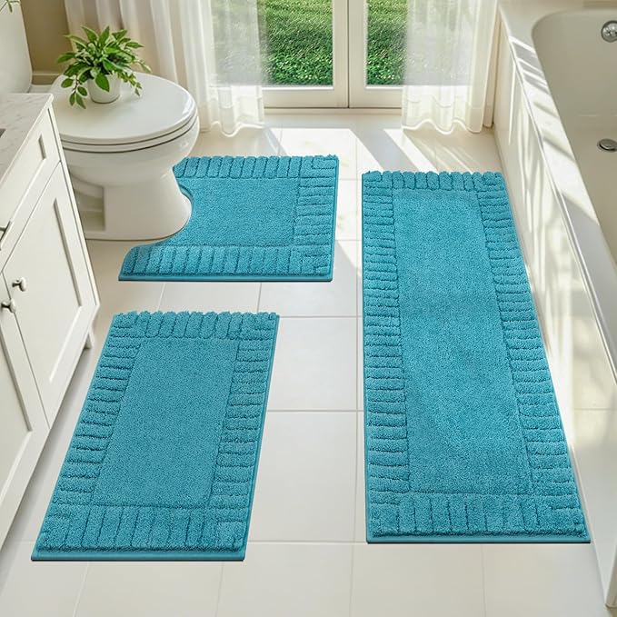 Pauwer Bathroom Rugs Sets 3 Piece, Microfiber Bath Mat Set, Aqua Blue | Non Slip Washable, Soft Plush, Extra Absorbent Bath Mats, U Shaped Contour Toilet Rug for Bathroom