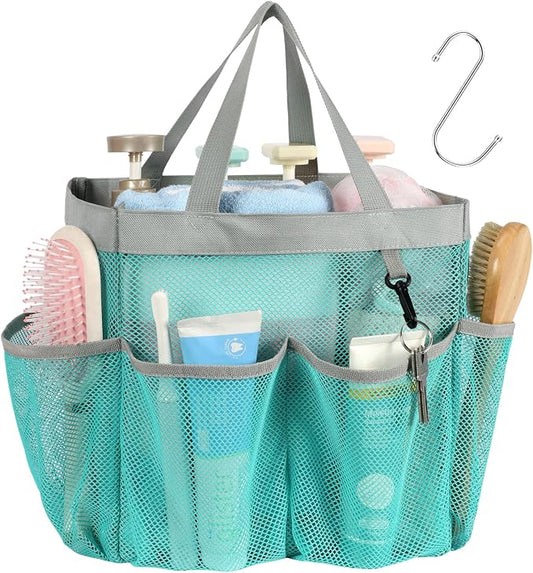 F-color Mesh Shower Caddy Portable, Upgrade Deeper 7 Pockets Shower Bag Basket Bag for College Dorm Room Toiletry Bathroom Essentials Gym Camp Quick Dry 2 handles with S Hook, Mint Green