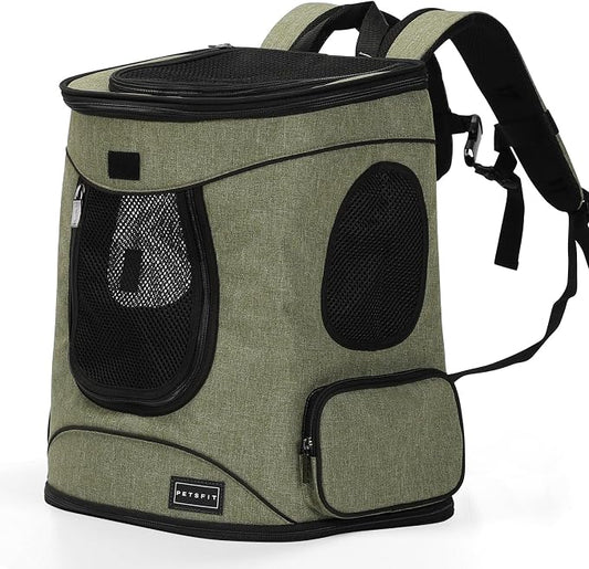 Petsfit Dog and Cat Backpack Carrier, Padded Waist Support, Up to 18 lb | 13.5 x 12.5 x 17.5 in; reinforced frame, 600D Oxford, 4 mesh panels, lockable zippers, safety tether and washable mat.
