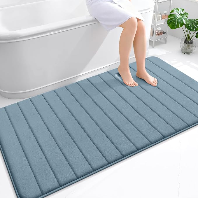 OLANLY Memory Foam Large Bath Mat 59x34, Super Soft Absorbent Bathroom Rugs | Airy Blue, Quick Dry Bath Rug, Machine Washable Shower Floor Mats, Bathmat Carpet for Bathroom Floor, Tub and Shower
