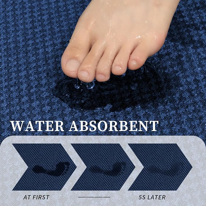 YIHOUSE Bathroom Rugs Sets 2 Piece Non Slip Washable, Absorbent Quick Dry Bath Mat Set, Weave Texture Low Profile Bath Rugs, Floor Mats for Bathroom, Tub & Shower (17"x24" + 17"x47", Dark Blue)