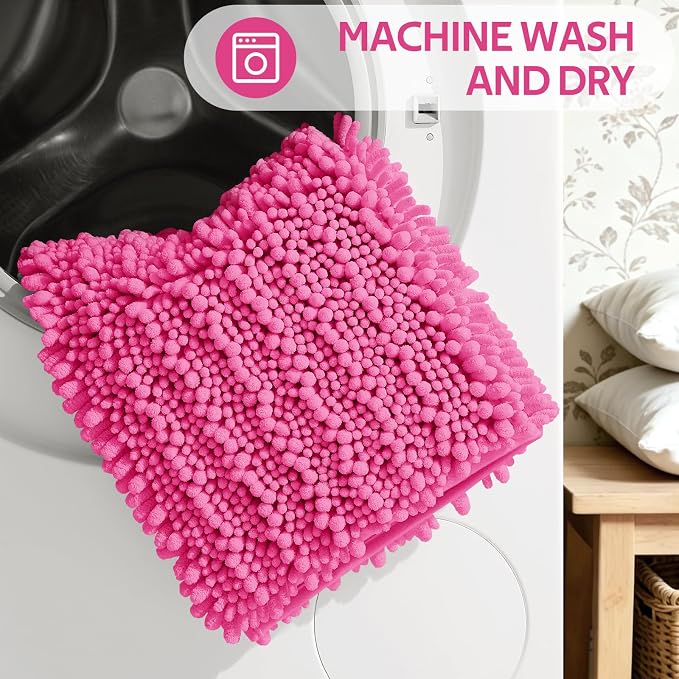 ACCUMTEK Upgrade Extra Large Shiny Pink Bathroom Rug Set 3 Pieces Ultra Soft, Thick Absorbent Bath Mats, Non Slip Chenille Toilet Mat for Bathroom, Bedroom, Kitchen