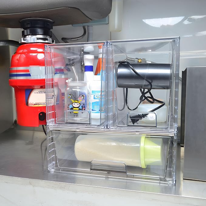 Wide Large Stackable Storage Drawers(2 Pack),Multi-purpose Clear Plastic Organizer Bins with Handles, Easy to Assemble for Bathroom Home Closet Under Sink Kitchen Pantry Medicine Cabinet