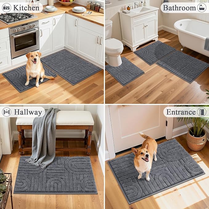 Vaukki Grey Bathroom Rugs Sets 3 Piece, 32x20+26x18+24x20 Inch | Washable Non Slip Soft Bath Mats for Shower and Tub, Plush Absorbent Microfiber Toilet Rug U Shaped