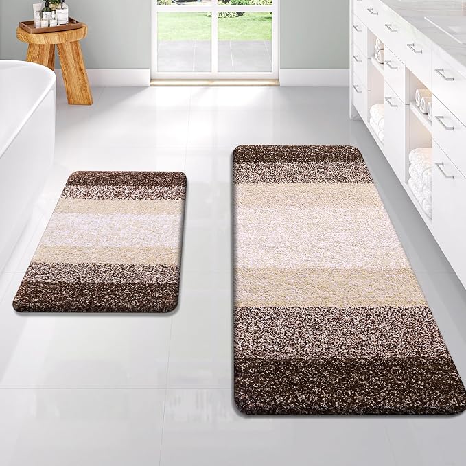 OLANLY Micorfiber Bathroom Rug Set 2 Piece, 47"x20"+24"x16" | Brown, Soft Absorbent Bath Rug Set, Non-Slip, Machine Wash Dry, Plush Shaggy Bath Mats for Bathroom