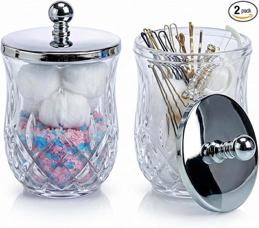 2 Pack Glass Qtip Holder Dispenser Set, Round Bathroom Apothecary Jars with Silver Metal Lid for Cotton Swabs,Balls,Pads, Floss Picks, Vanity Storage Container for Makeup, Candy, Jewelry(10 Oz, Clear)