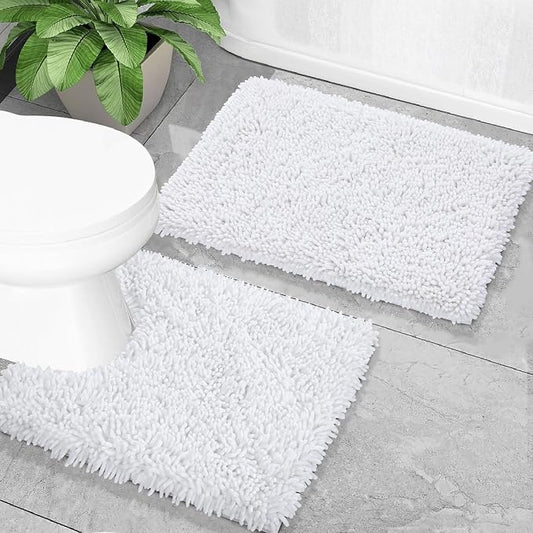 Yimobra Bathroom Rugs Sets 2 Piece, Soft Absorbent Bath Mat and U-Shaped Toilet Rug with Non Slip Backing, Luxury Shaggy Bath Mats for Bathroom, Machine Washable, 24"x17"+24"x20", White
