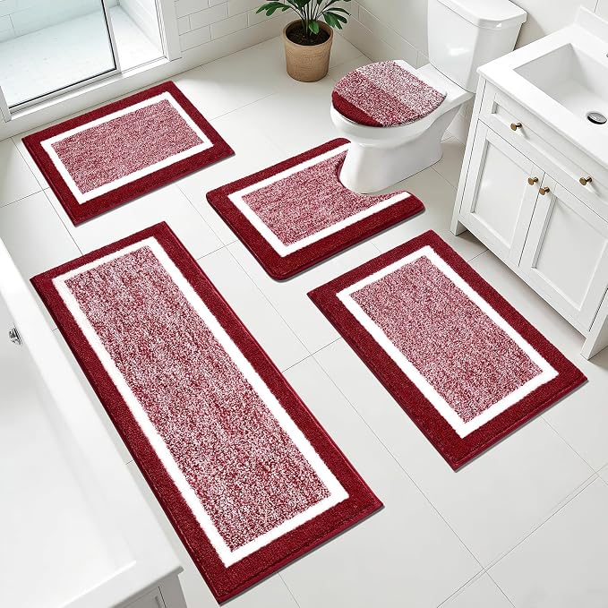 Pauwer Bathroom Rugs Set 5 Piece, Non Slip Microfiber Bath Mat, Red | Washable Bathroom Mat with U Shaped Toilet Rug, Long Shower Runner, Toilet Lid Cover, Quick Dry Absorbent Plush Floor Carpet