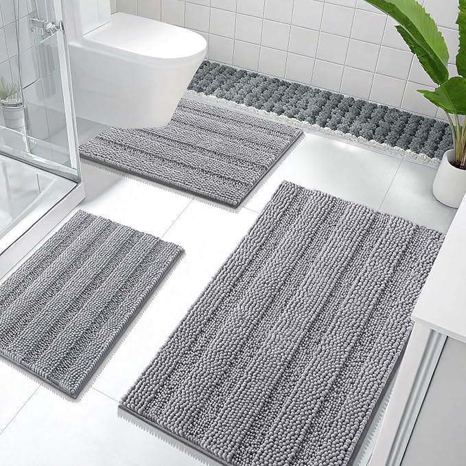 OLANLY Thick Chenille Bathroom Rugs Sets 3 Piece, 36"x24"+24"x16"+24"x20" | Grey, Absorbent Striped Bath Mats and U-Shaped Contour Toilet Rug, Home Decor Accessories, Bath Mat Set for Bathroom