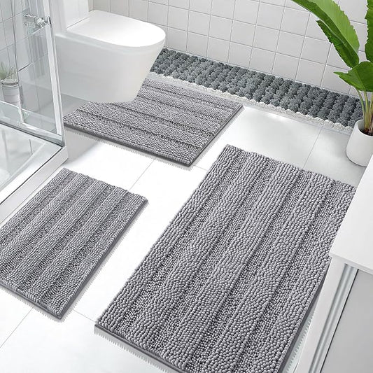 OLANLY Thick Chenille Bathroom Rugs Sets 3 Piece, 36"x24"+24"x16"+24"x20" | Grey, Absorbent Striped Bath Mats and U-Shaped Contour Toilet Rug, Home Decor Accessories, Bath Mat Set for Bathroom