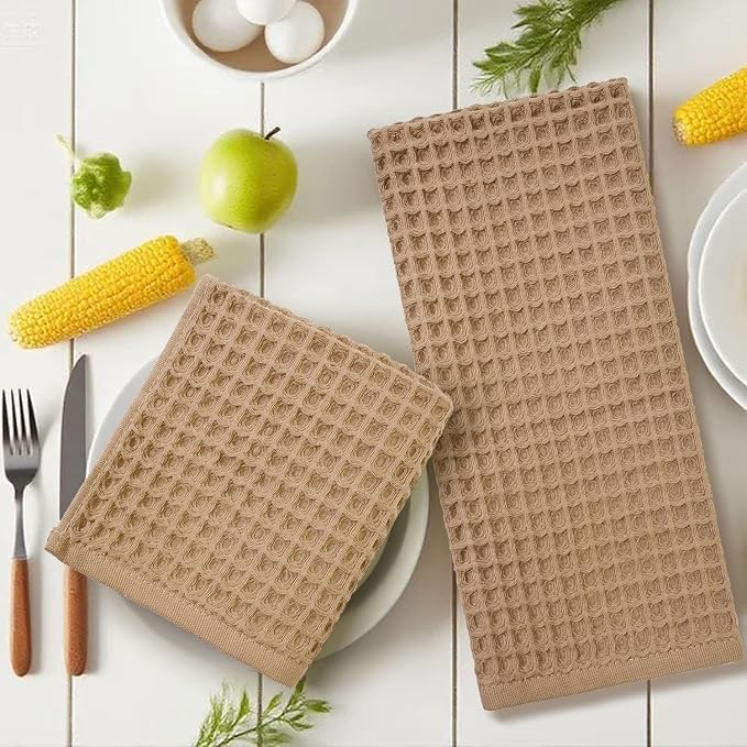 Waffle Bathroom Hand Towels 2-Piece (Tan) – Cotton, Soft, Lightweight | Lint Free, 13” x 29”