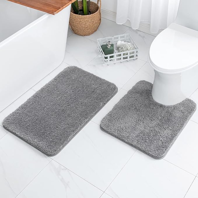 MIULEE Grey Bathroom Rugs Set 2 Piece Soft Bath Mats 20x24+20x30 Inch | Absorbent Microfiber Bath Mat and U-Shaped Toilet Rug, Non Slip, Quick Dry, for Bathroom Floor Tub Showers, Machine Washable