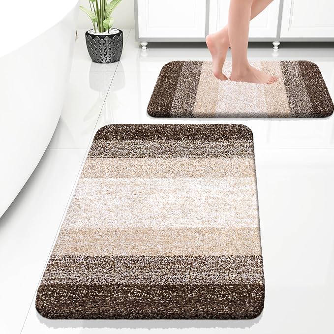 OLANLY Micorfiber Bathroom Rug Set 2 Piece, 30"x20"+24"x16" | Light Brown, Soft Absorbent Bath Rug Set, Non-Slip, Machine Wash Dry, Plush Shaggy Bath Mats for Bathroom