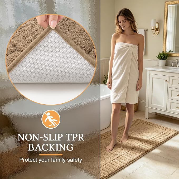 Pauwer Bathroom Rugs Sets 3 Piece, Microfiber Bath Mat Set, Khaki | Non Slip Washable, Soft Plush, Extra Absorbent Bath Mats, U Shaped Contour Toilet Rug for Bathroom